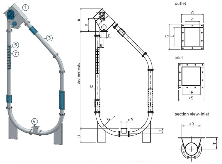 Maatschets Schrage schijventransporteur verticaal staande of elevator opstelling. Schrage TCC Tube Chain Conveyor Vertical